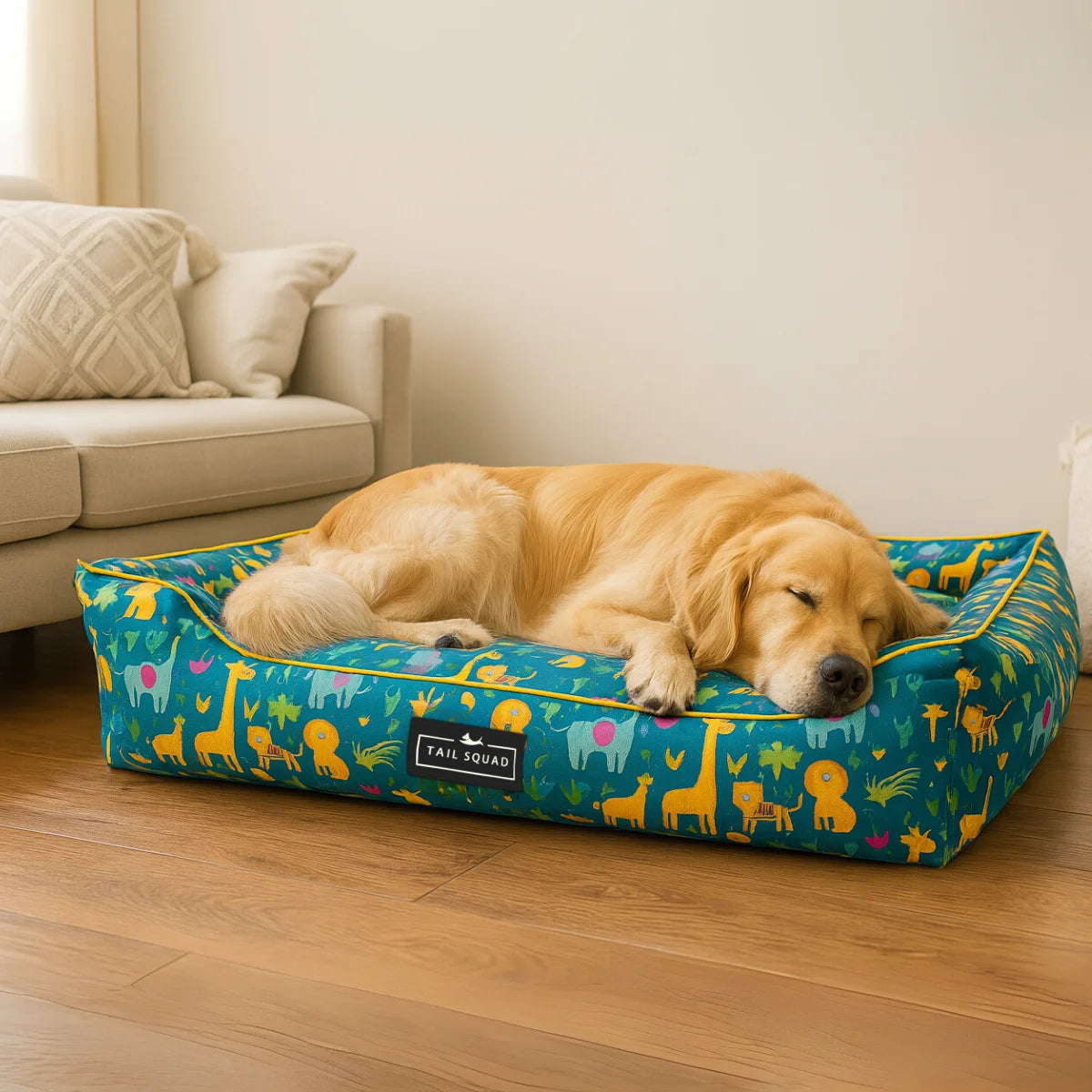 Dog sleeping on Tail Squad Forest Kin lounger bed side view showing soft washable cushioning and raised bolster support