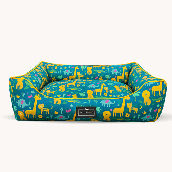 Tail Squad Washable Printed Lounger Bed for Dogs Forest Kin front view with soft cushioned bolster pet bed design