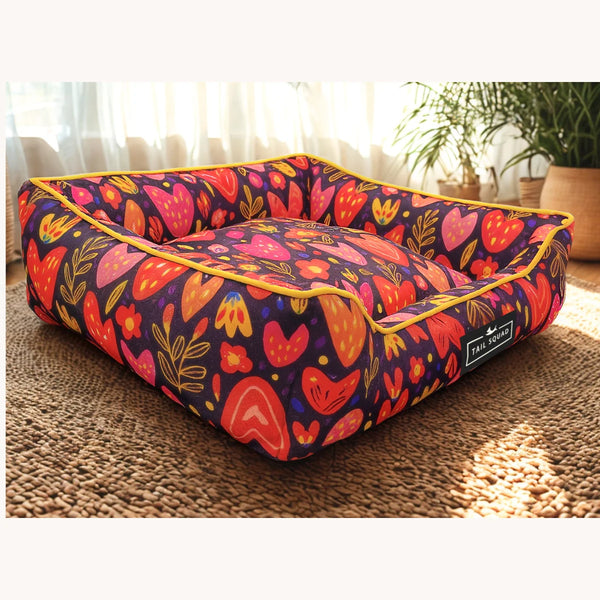 Tail Squad Washable Printed Lounger Bed Lovescape left close-up highlighting raised bolster edges and durable stitching
