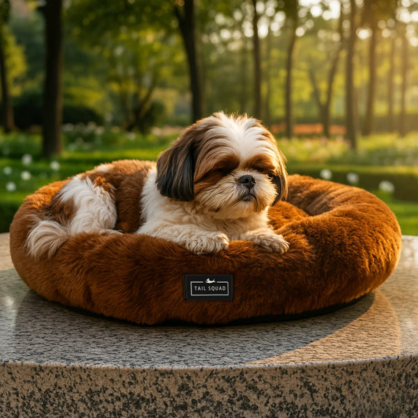 Dog sitting on Tail Squad Round Bed for Dogs Coffee showing fluffy faux fur comfort and calming pet bed design