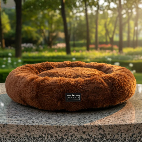 Tail Squad Round Bed for Dogs Coffee front view soft plush round pet bed with cozy cushioned sleeping support