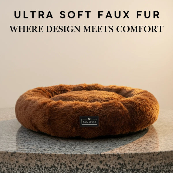 Tail Squad Round Dog Bed Coffee ultra soft faux fur material with plush cushioning for warm comfortable pet sleep