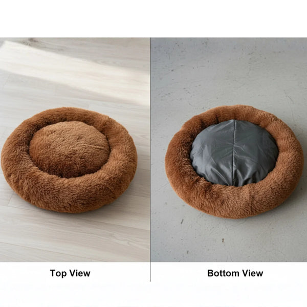 Tail Squad Round Dog Bed Coffee top and bottom view showing non-slip base and soft cushioned faux fur design