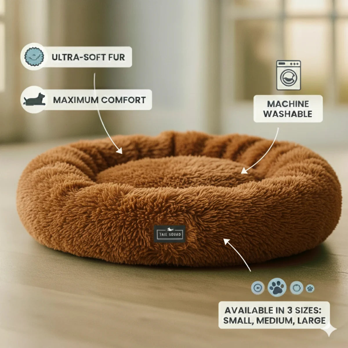 Tail Squad Round Bed for Dogs Coffee available in three sizes for puppies small dogs and medium dog breeds comfort