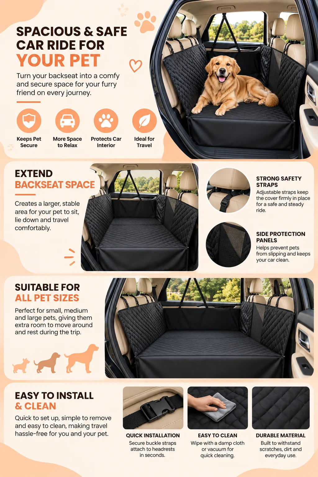 Hammock Dog Car Seat Extender Cover