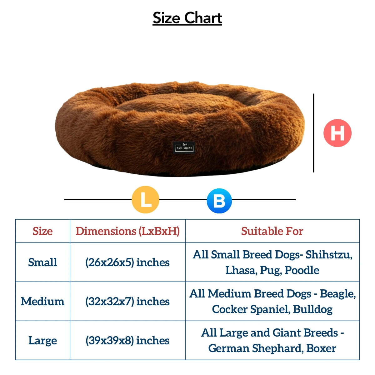 Tail Squad Round Bed for Dogs Coffee size chart with dimensions guide for small medium and large dog breeds