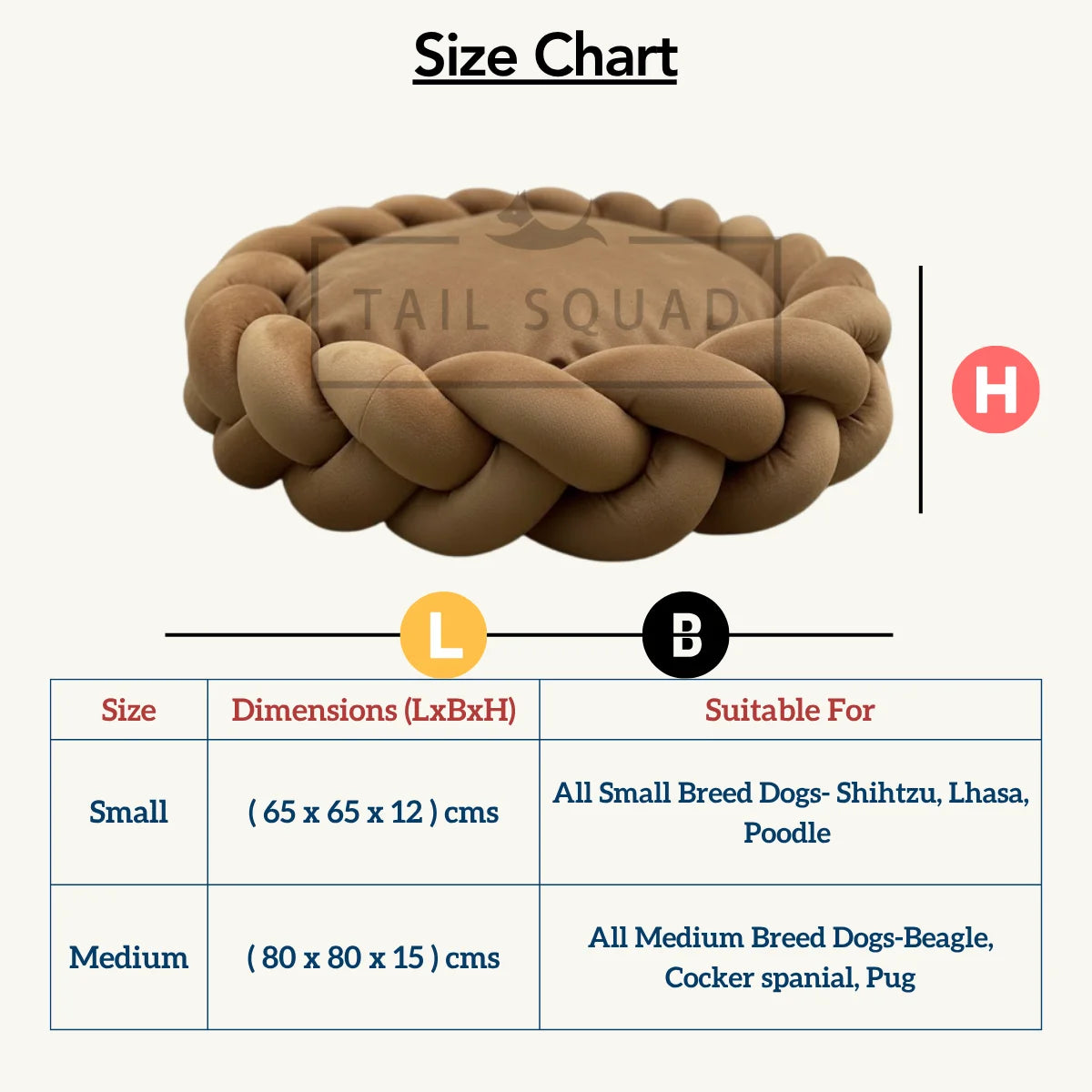 Tail Squad Braided Round Bed for Dogs Brown size chart with dimensions guide for small medium and large dog breeds.
