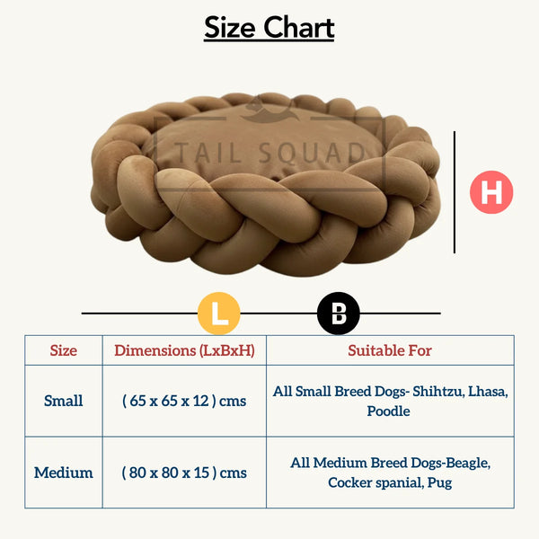 Tail Squad Braided Round Bed for Dogs Brown size chart with dimensions guide for small medium and large dog breeds.