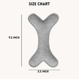 Size chart for Felt Bone Dog Toy in grey color showing product dimensions and sizing details