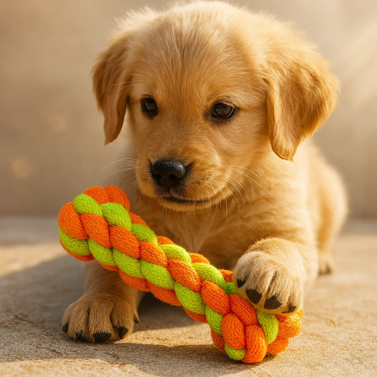 Puppy playing with Tail Squad Bone Rope Toy for Dogs durable interactive chew toy supporting healthy teeth and active play