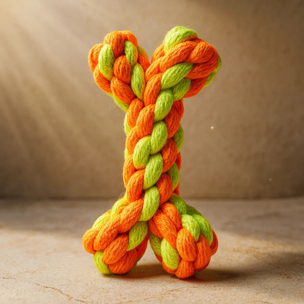 Tail Squad Bone Rope Toy for Dogs in orange and green colors featuring durable rope knots for chewing and tug play