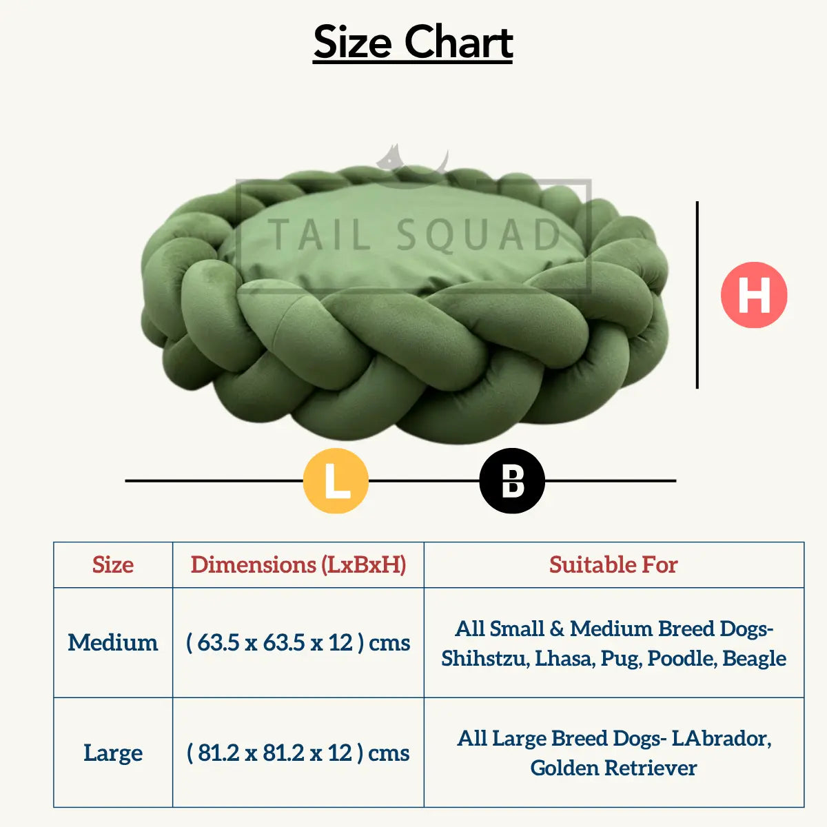 Tail Squad Braided Round Bed for Dogs Green size chart with dimensions guide for small medium and large dog breeds
