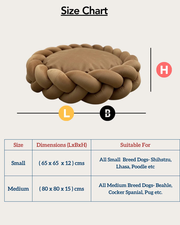 Tail Squad Braided Round Bed for Dogs Brown size chart with dimensions guide for small medium and large dogs