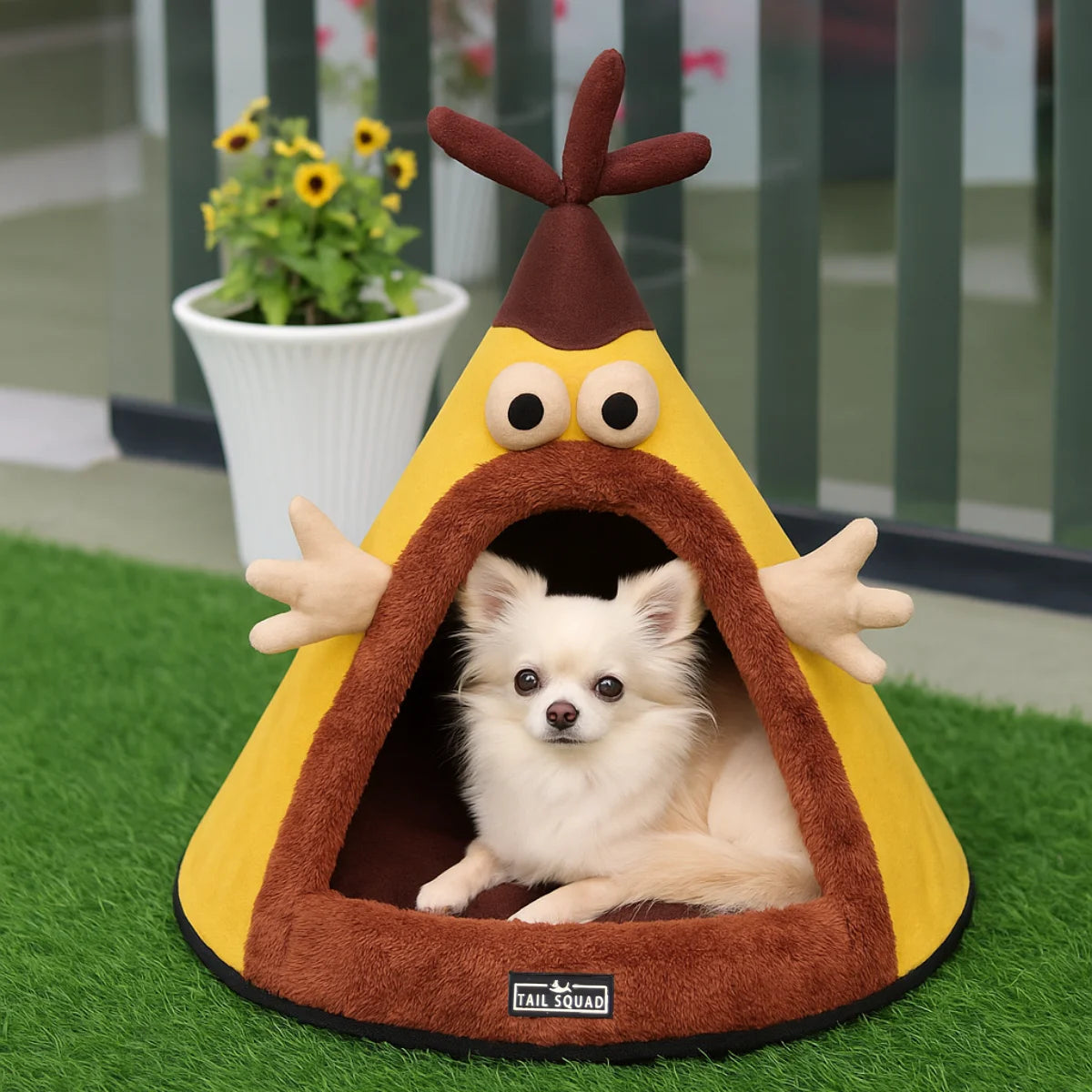 Tail Squad Washable Cozy Dog and Cat Cave Bed Cartoon Yellow front view soft enclosed pet bed for cats and small dogs