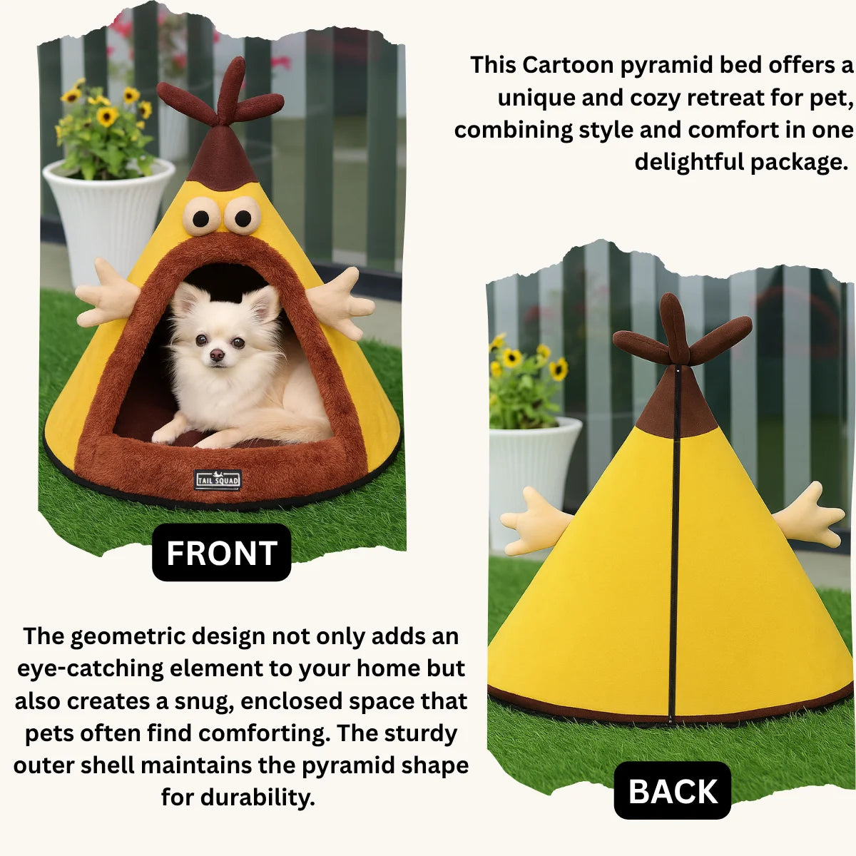 Tail Squad Washable Cozy Dog and Cat Cave Bed Cartoon Yellow available in small and medium sizes for cats and small dogs comfort
