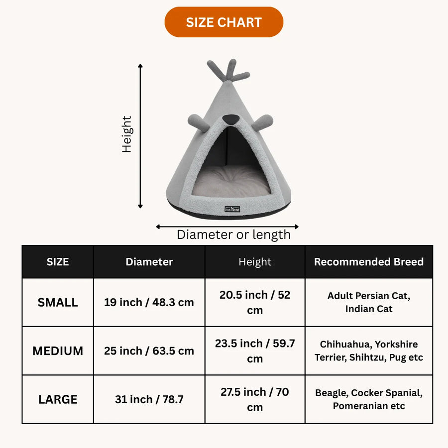 Tail Squad Washable Cozy Dog and Cat Cave Bed Bear Hugs Grey size chart with small and medium pet bed measurements guide [vnd_sizechart]