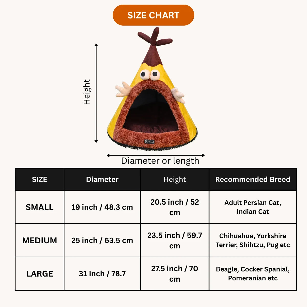 Tail Squad Washable Cozy Dog and Cat Cave Bed Cartoon Yellow size chart with small and medium pet bed measurements guide