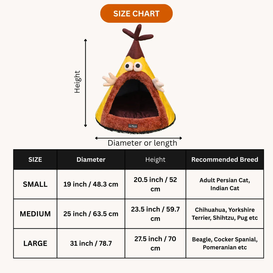 Tail Squad Washable Cozy Dog and Cat Cave Bed Cartoon Yellow size chart with small and medium pet bed measurements guide [vnd_sizechart]