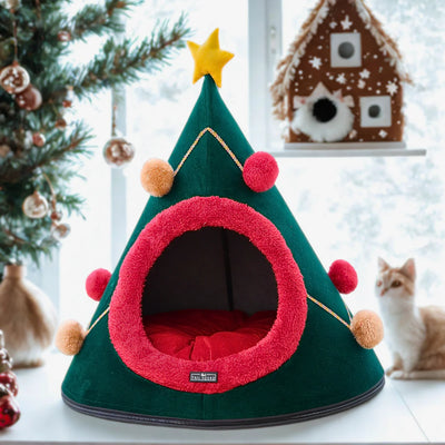 Tail Squad Washable Cozy Dog and Cat Cave Bed (X-mas)