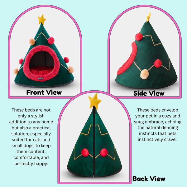 Tail Squad X-mas cave bed front side and back view showing durable structure and soft enclosed washable pet bed design