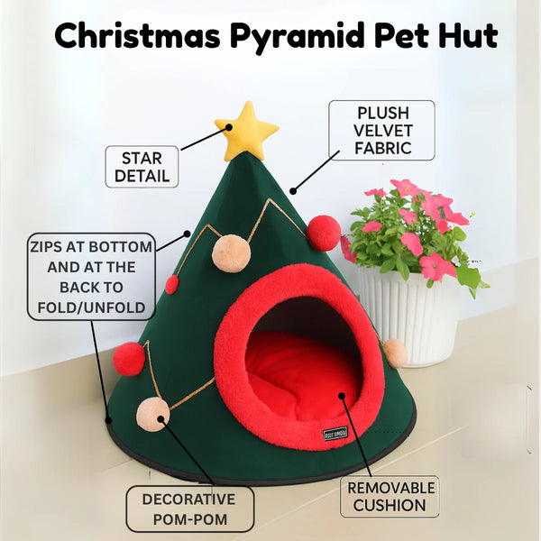 Tail Squad X-mas Cozy Dog and Cat Cave Bed highlighting soft washable fabric, plush cushioning, and cozy holiday pet design