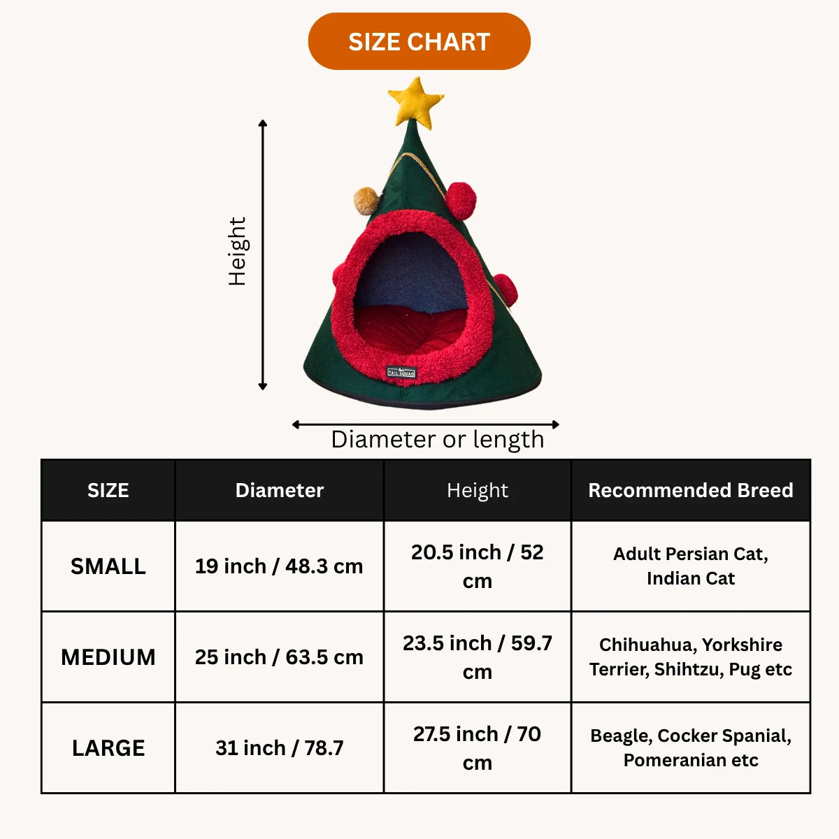 Tail Squad X-mas Cozy Dog and Cat Cave Bed size chart with small and medium dimensions guide for perfect pet fit