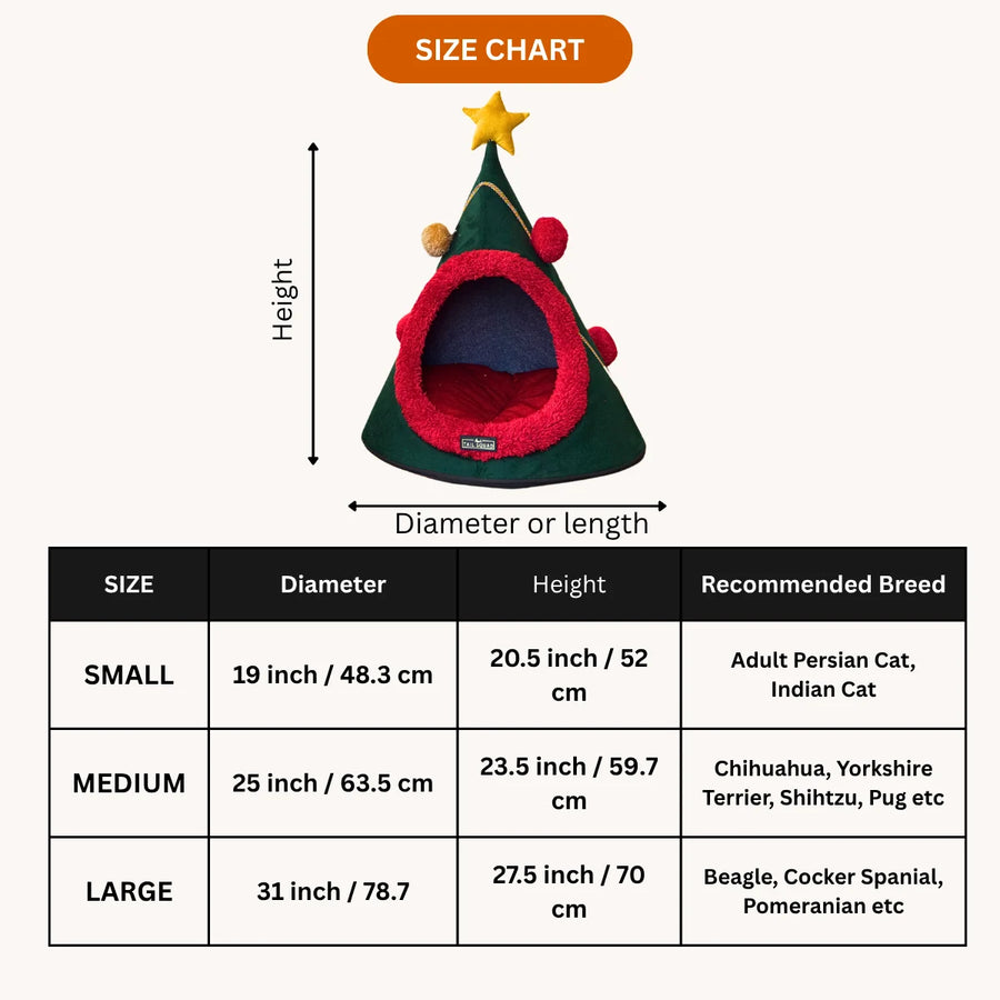 Tail Squad X-mas Cozy Dog and Cat Cave Bed size chart with small and medium dimensions guide for perfect pet fit [vnd_sizechart]