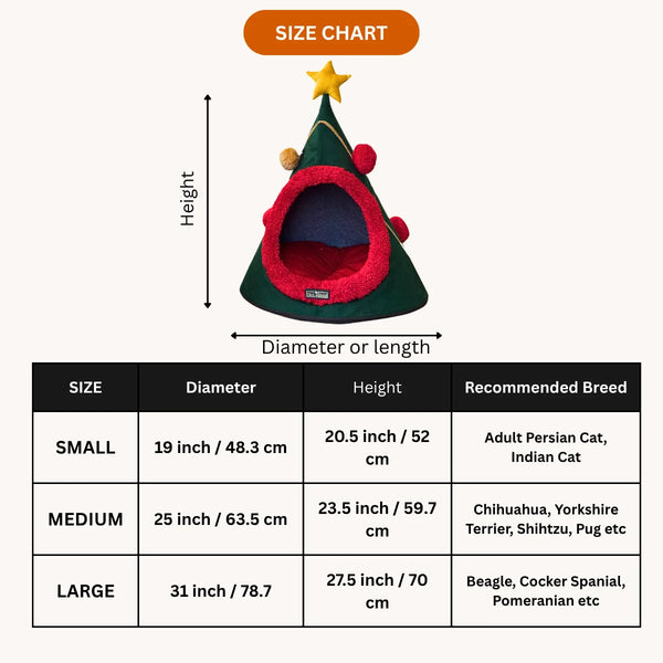 Tail Squad X-mas Cozy Dog and Cat Cave Bed size chart with small and medium dimensions guide for perfect pet fit