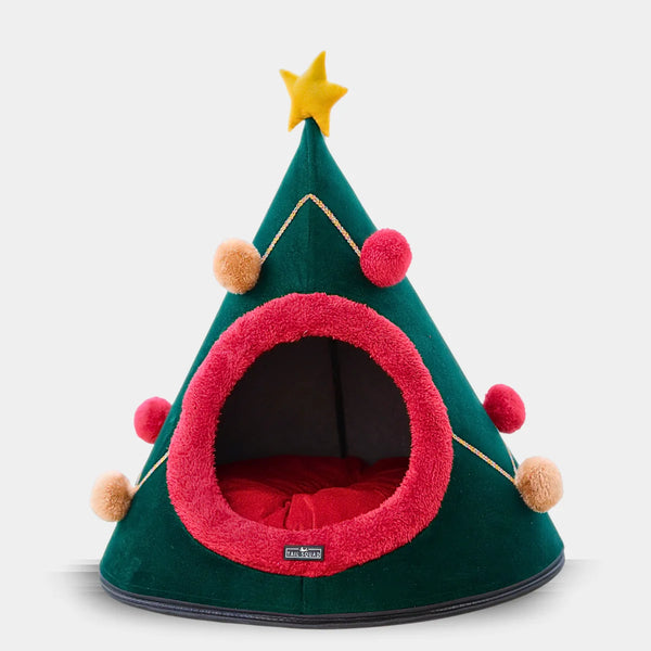 Tail Squad Washable Cozy Dog and Cat Cave Bed X-mas front view festive enclosed pet bed for cats and small dogs