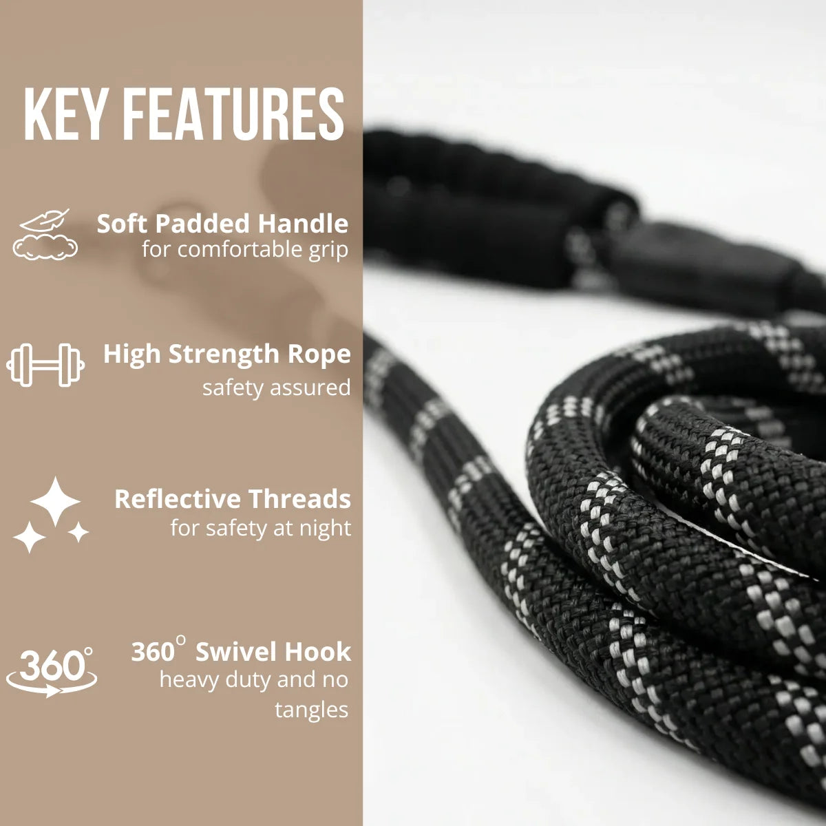 Feature highlights of a black rope leash with reflective detailing and secure grip.