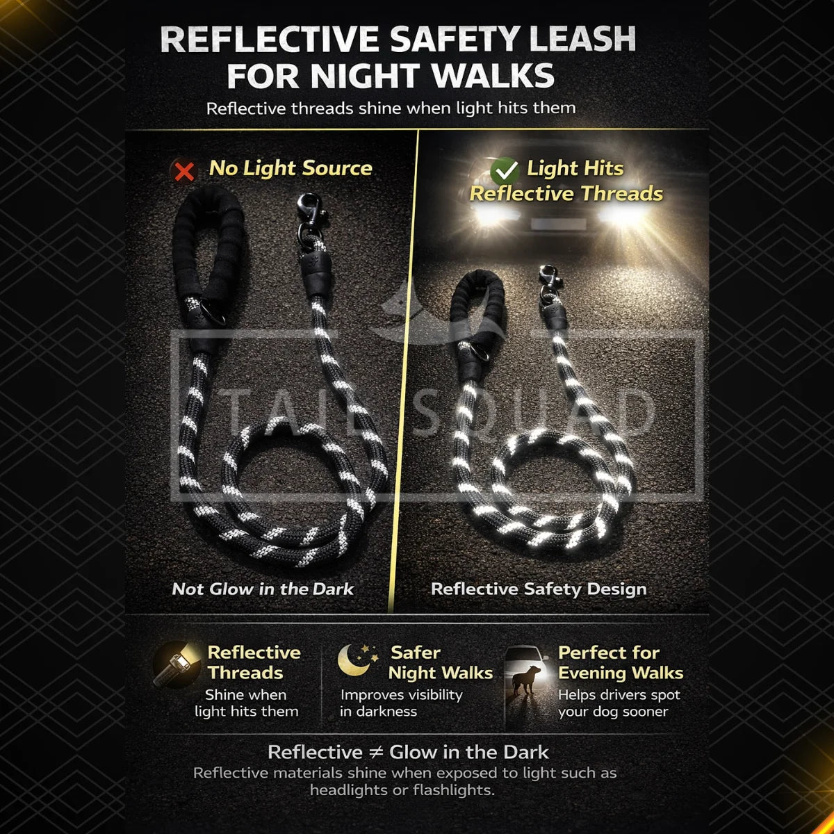 Black reflective rope dog leash designed for safer nighttime walks.
