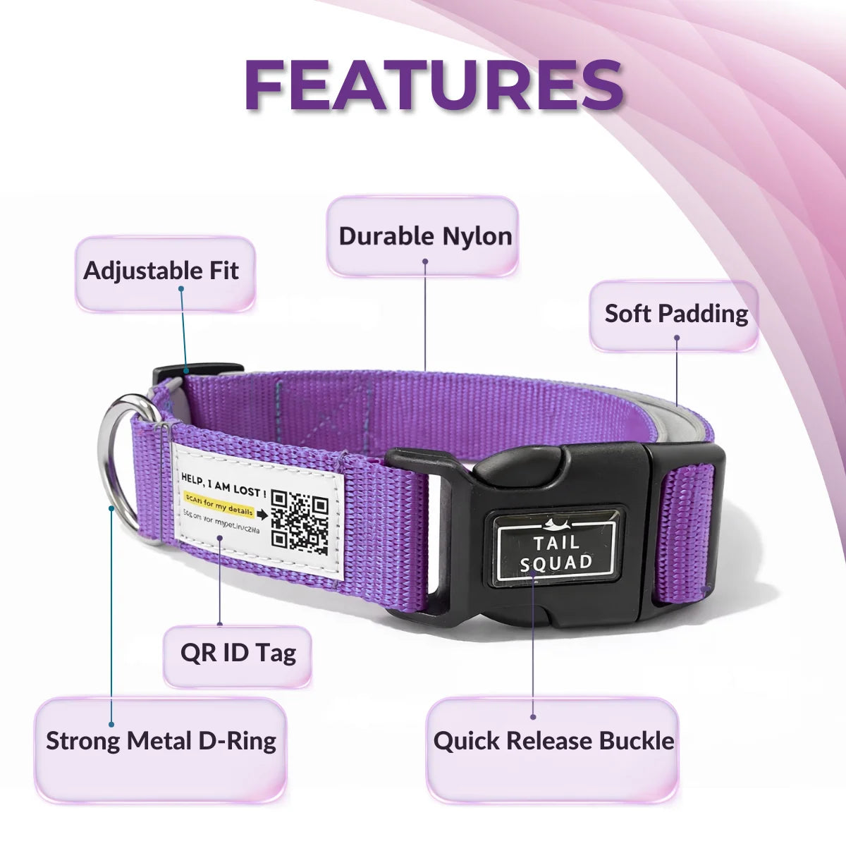 Dog neck Collar Feature overview of a purple smart dog tag with tracking and ID support.