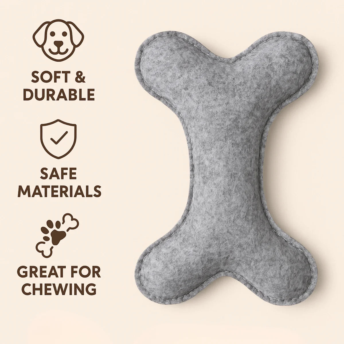 Tail Squad Grey felt bone dog toy featuring eco-friendly fabric safe chewing design and lightweight interactive play support
