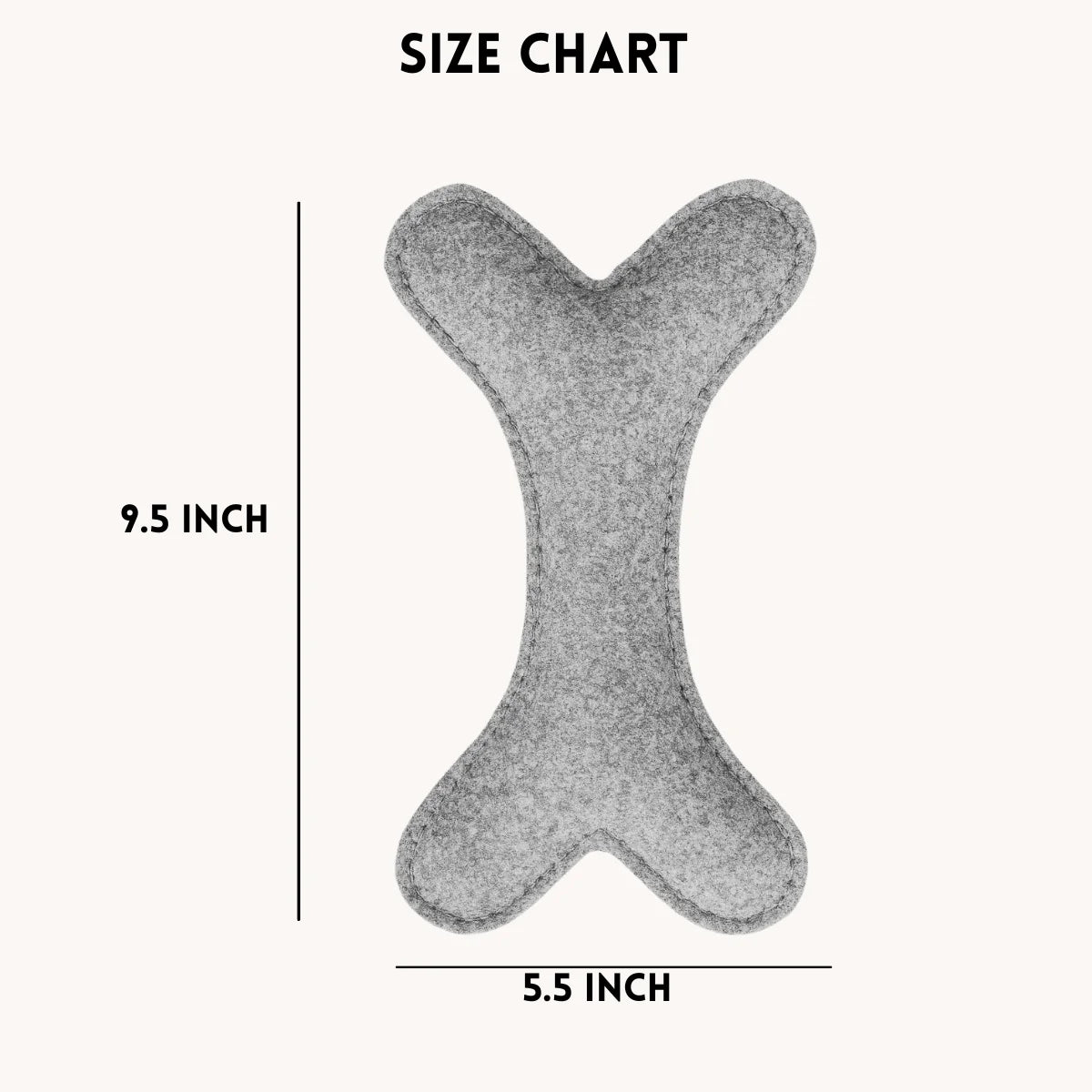 Size chart for Felt Bone Toy for Dogs in grey color showing product dimensions and sizing details