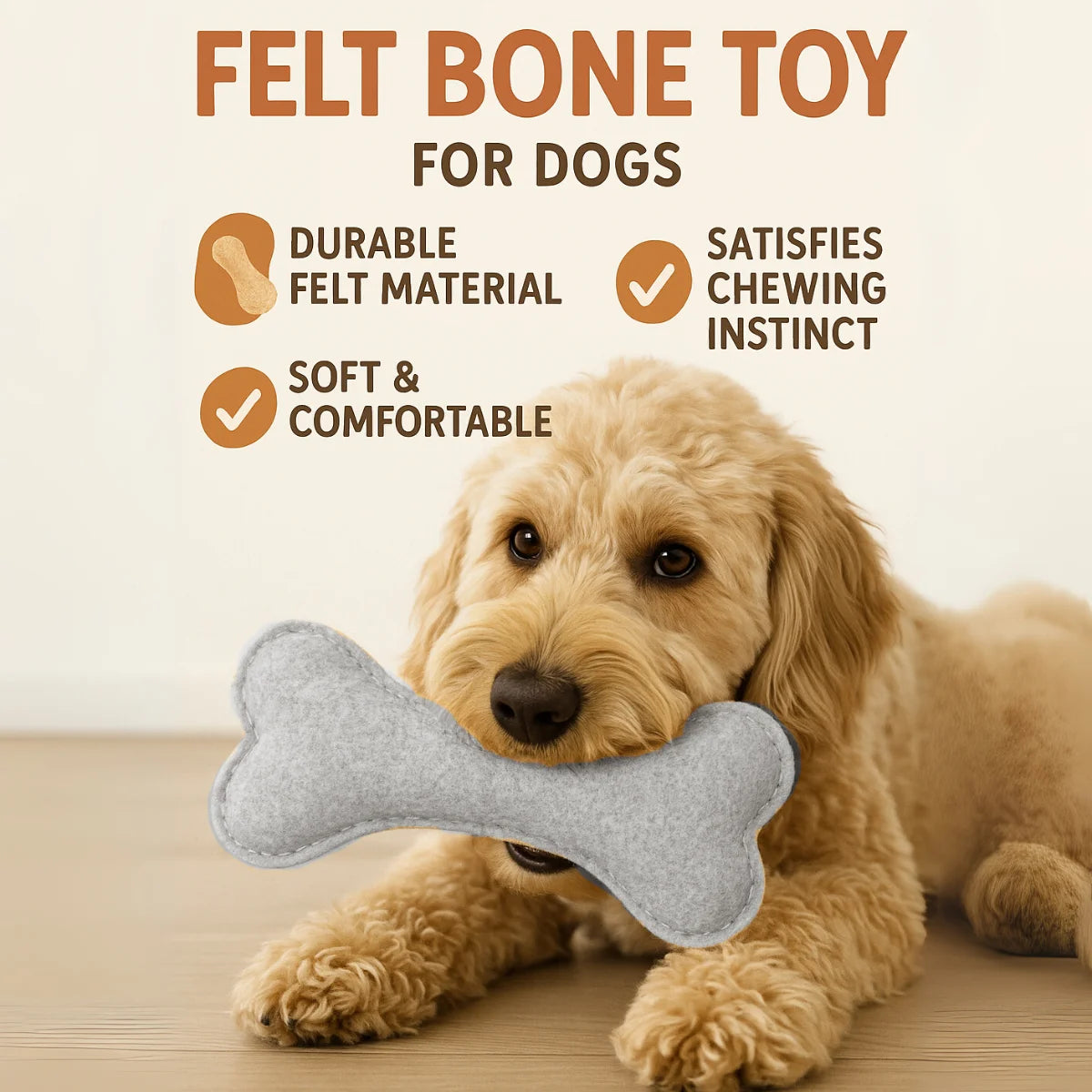 Tail Squad Eco-Friendly Felt Bone Toy for Dogs Grey front view durable chew toy made with soft eco-friendly felt material