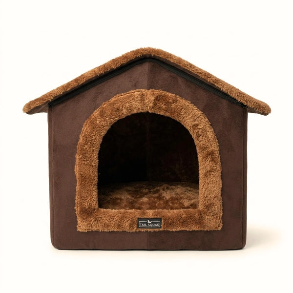Front view of a wooden cat house, durable indoor pet shelter designed for cats comfort and warmth