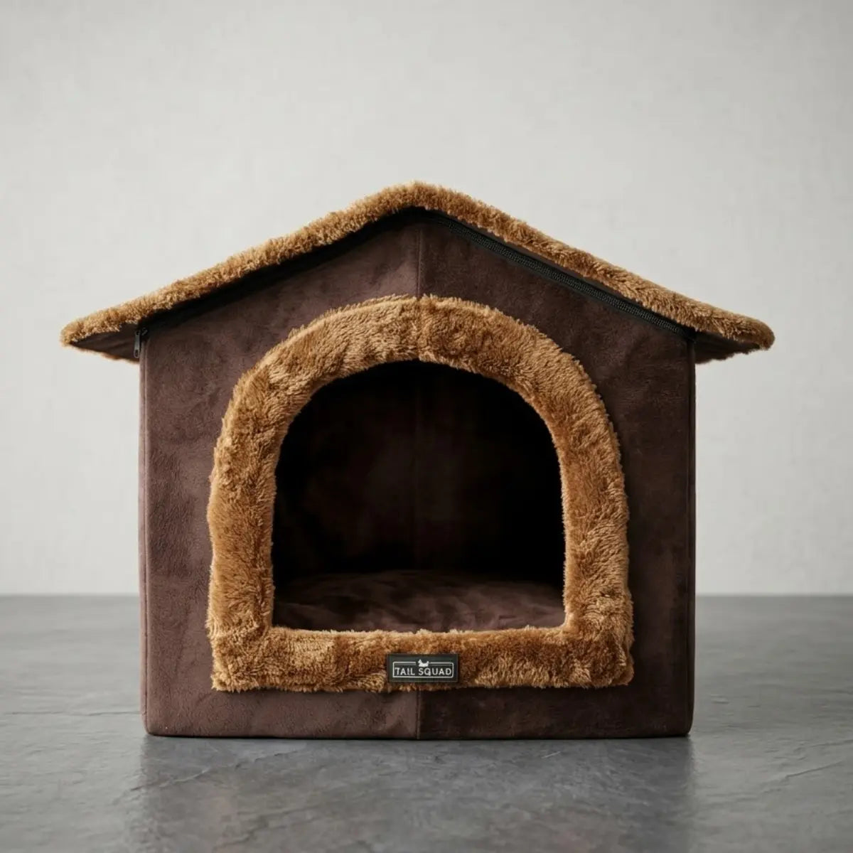 Stylish brown cat house bed for small pets with padded walls and secure comfort.
