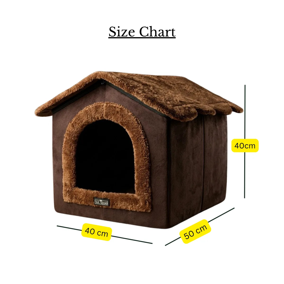 Wooden cat house size diagram showing dimensions for proper fit and indoor pet comfort setup