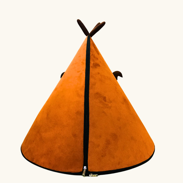  Tail Squad Angry Deer cave bed back view showing durable washable fabric and structured cozy enclosed pet sleeping design