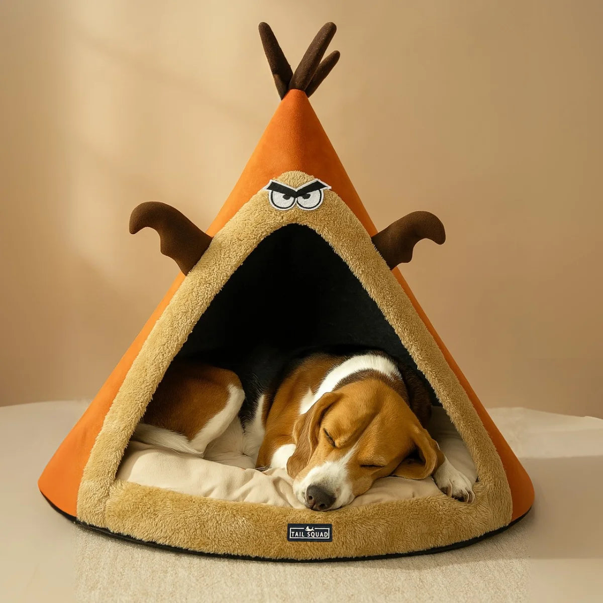 Tail Squad Washable Cozy Dog and Cat Cave Bed Angry Deer front view with dog sleeping inside soft enclosed pet bed