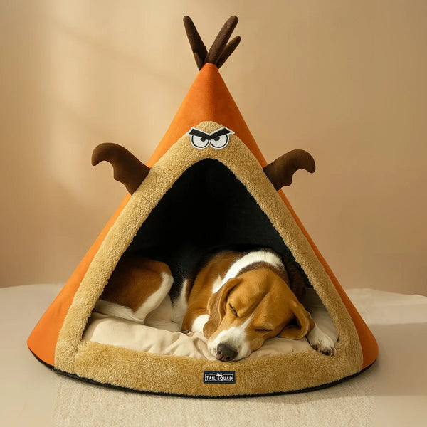 Tail Squad Washable Cozy Dog and Cat Cave Bed Angry Deer front view with dog sleeping inside soft enclosed pet bed