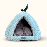 Tail Squad Cat Beds Ice Blue close right side view showcasing breathable fabric plush stitching and cozy pet shelter