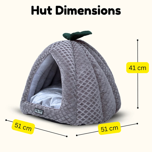 Tail Squad Pumpkin Cat Hut Grey dimensions guide showing size and measurements for comfortable cat and small dog use