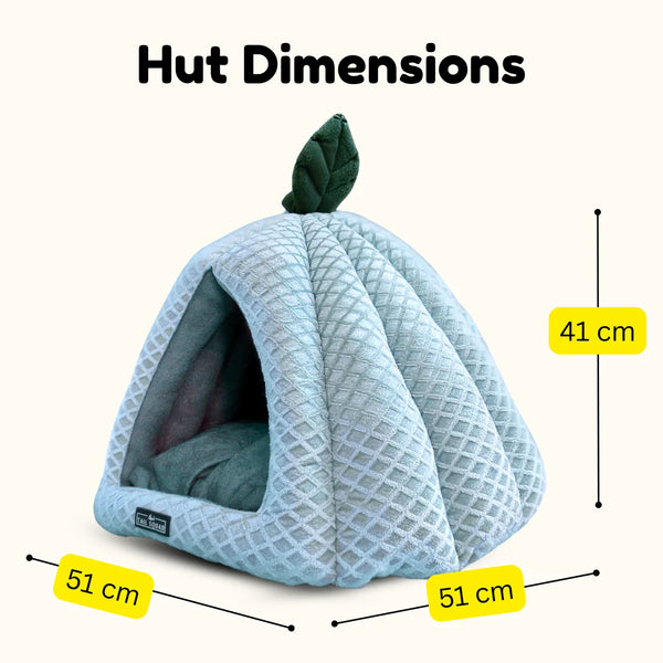 Tail Squad Pumpkin Cat Hut Ice Blue size and dimensions guide showing measurements for comfortable cat and small dog fit