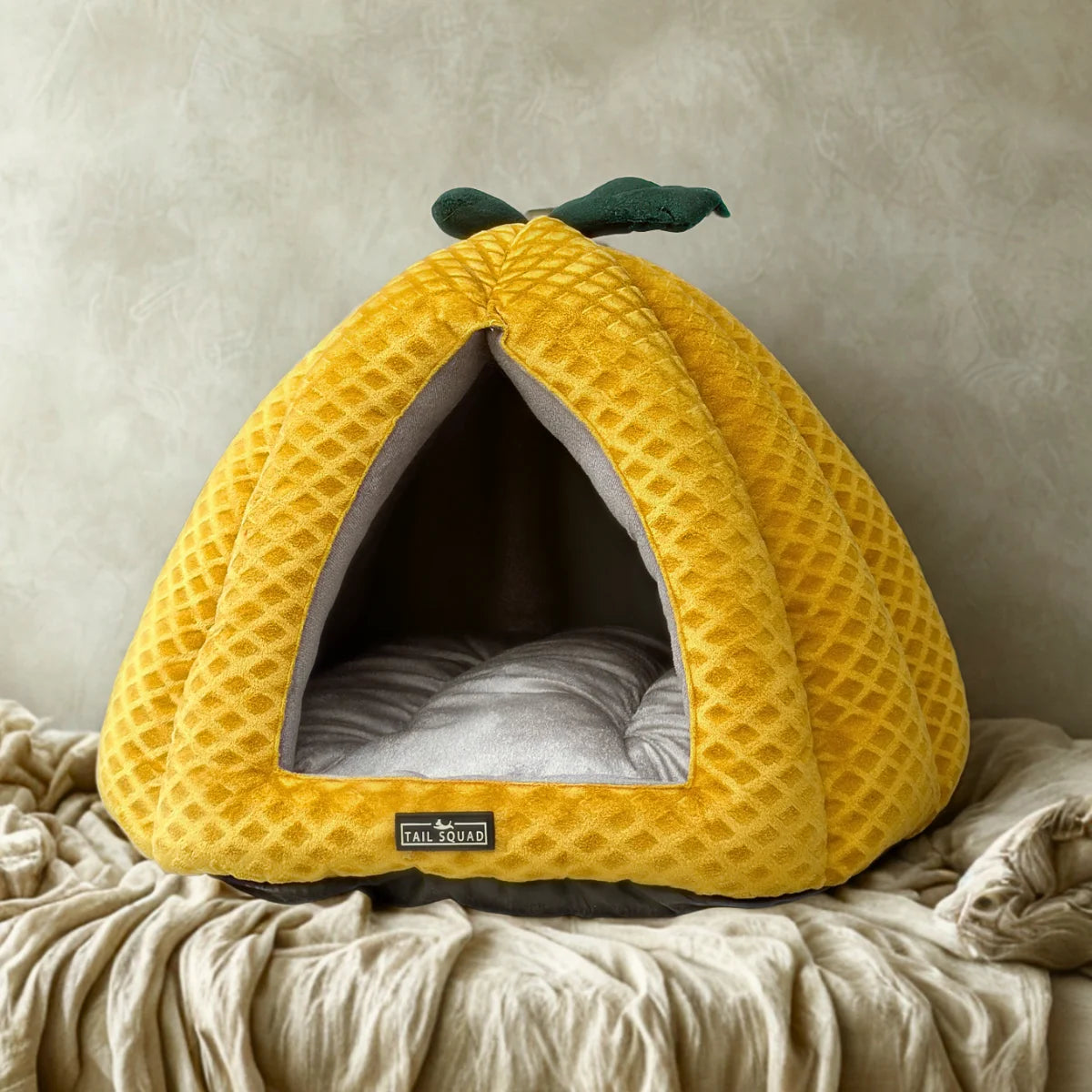 Tail Squad Premium Soft Pumpkin-Shaped Cat Hut Mustard front view cozy enclosed plush pet bed for cats and small dogs