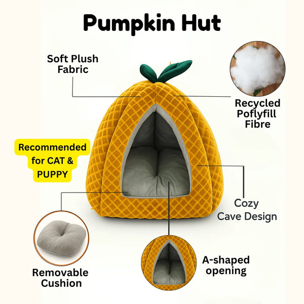 Tail Squad Pumpkin Cat Hut Mustard features soft washable material sturdy build breathable design and cozy pet comfort hut