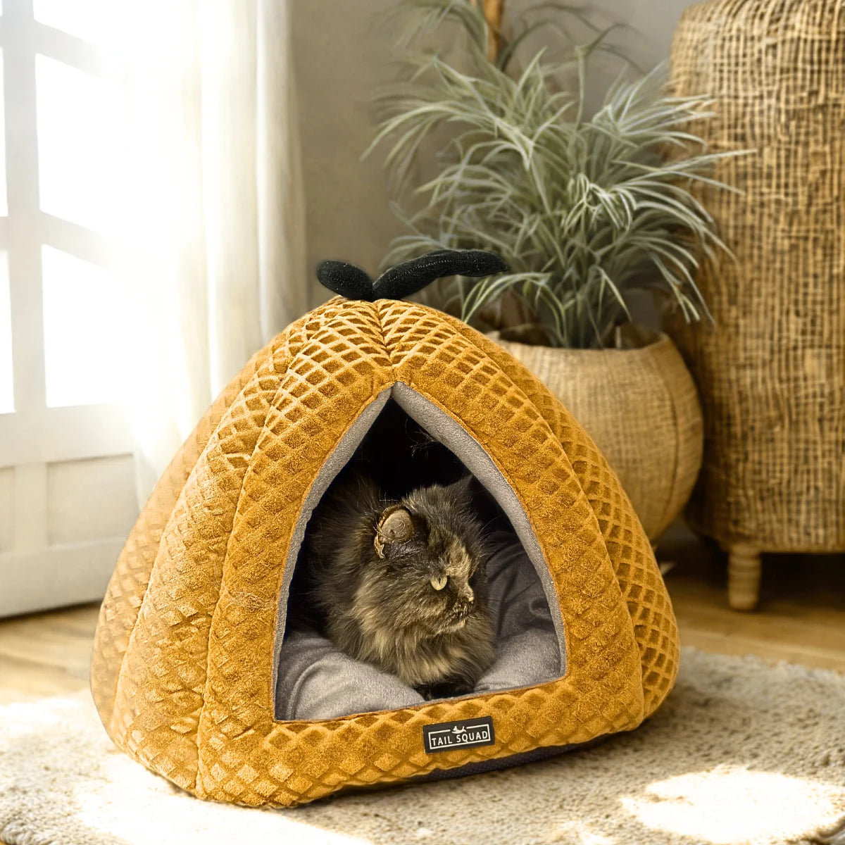 Tail Squad Pumpkin Cat Hut Mustard left side close-up with cat inside showing soft cushioned cozy enclosed pet sleeping space