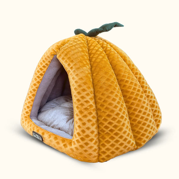 Tail Squad Pumpkin Cat Hut Mustard close right side view showcasing durable fabric breathable design and cozy pet shelter