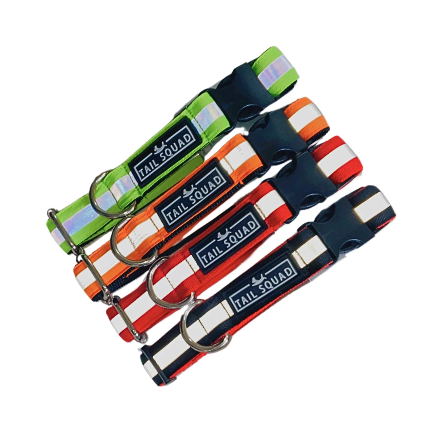 Tail Squad Reflective Dog Collar Pack of 3 showing green orange red and black collars in one frame with reflective design