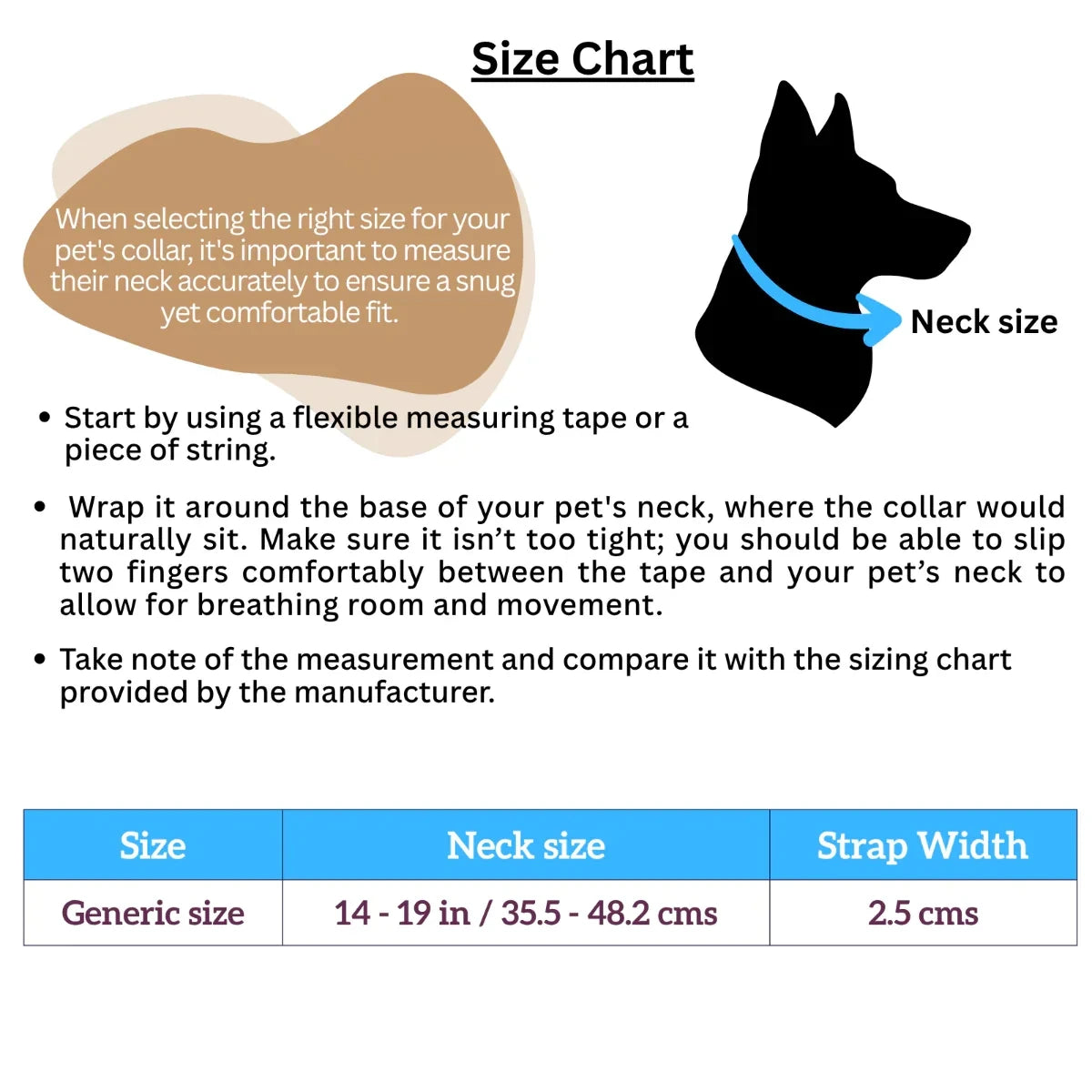 Tail Squad Reflective Dog Collar Pack of 3 size chart with neck measurement guide for accurate dog collar fitting
